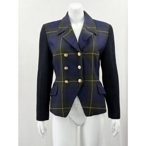 Escada Blazer Womens 36 US 6 Navy Plaid Double Breasted Wool Vintage Old Money